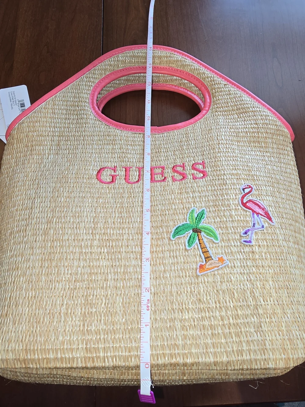 GUESS NWT Natural Straw Lunch Tote w/ Pink Trim and Embroidered Tropical Motifs